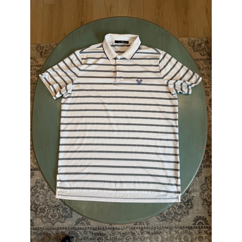 RLX Ralph Lauren Mens Large White Grey Striped Golf Polo Shirt Short Sleeve L